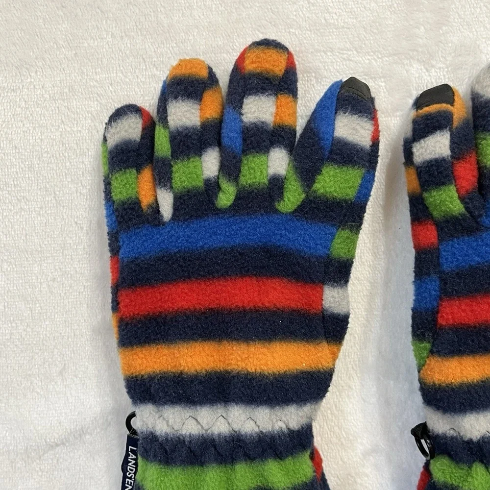 Lands' End Fleece Gloves Kids Size SMALL EZ-Grip Rainbow Stripes Gathered Wrist